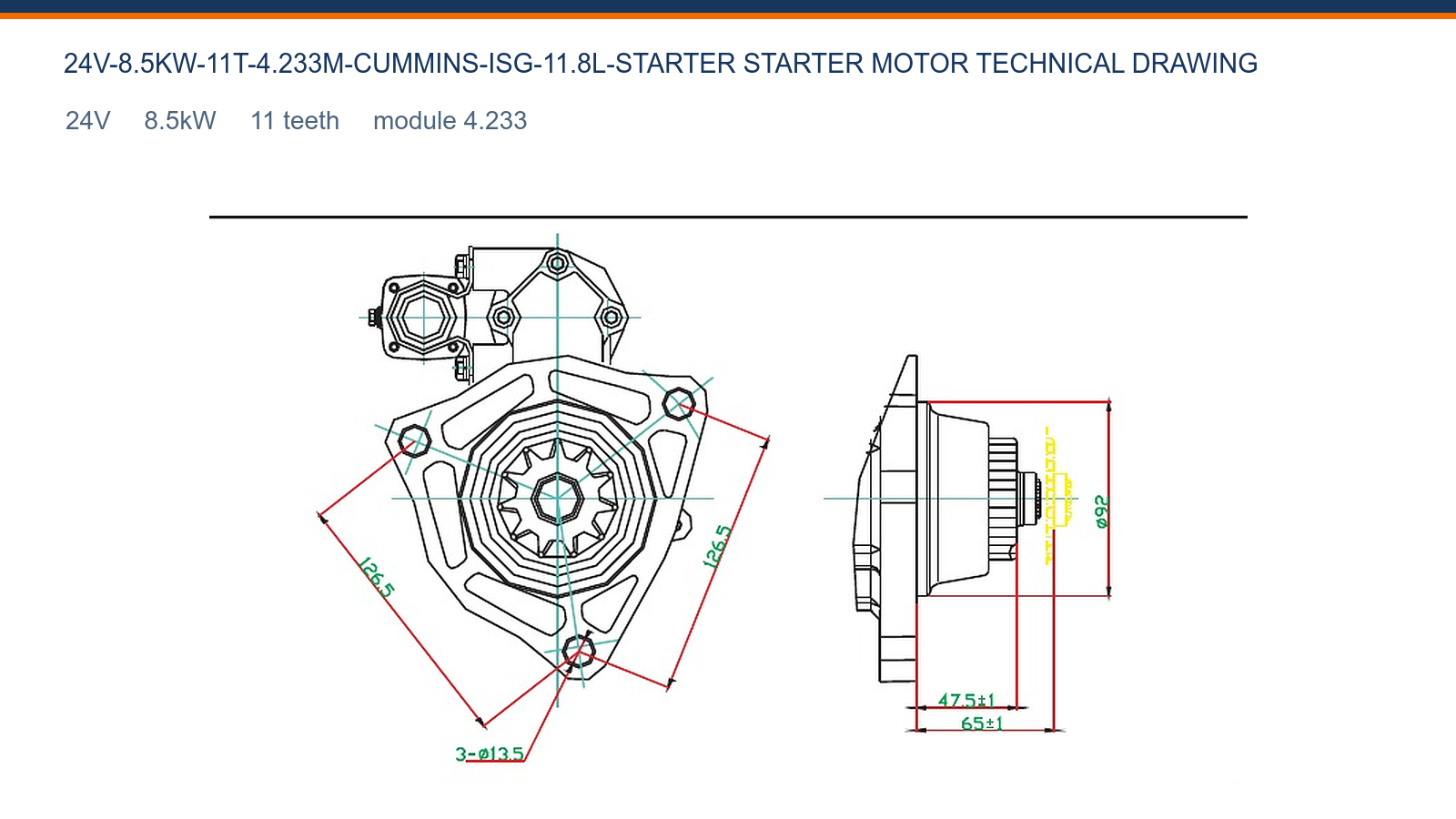 CUMMINS ISG 11.8L 24V 8.5kW 11T Cummins starter motor technical drawing 24V 8.5kW 11T