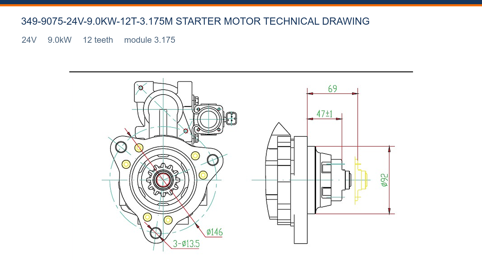 349-9075-24V-9.0KW-12T-3.175M Caterpillar starter motor technical drawing 24V 9.0kW 12T