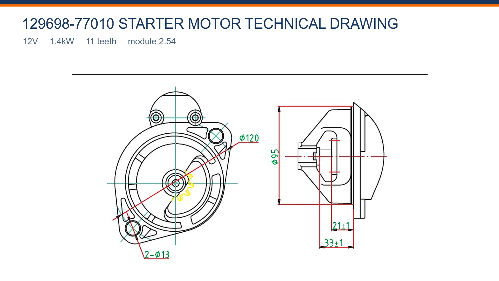 129698-77010 Dessin technique du d&eacute;marreur Yanmar 12V 1,4kW 11T