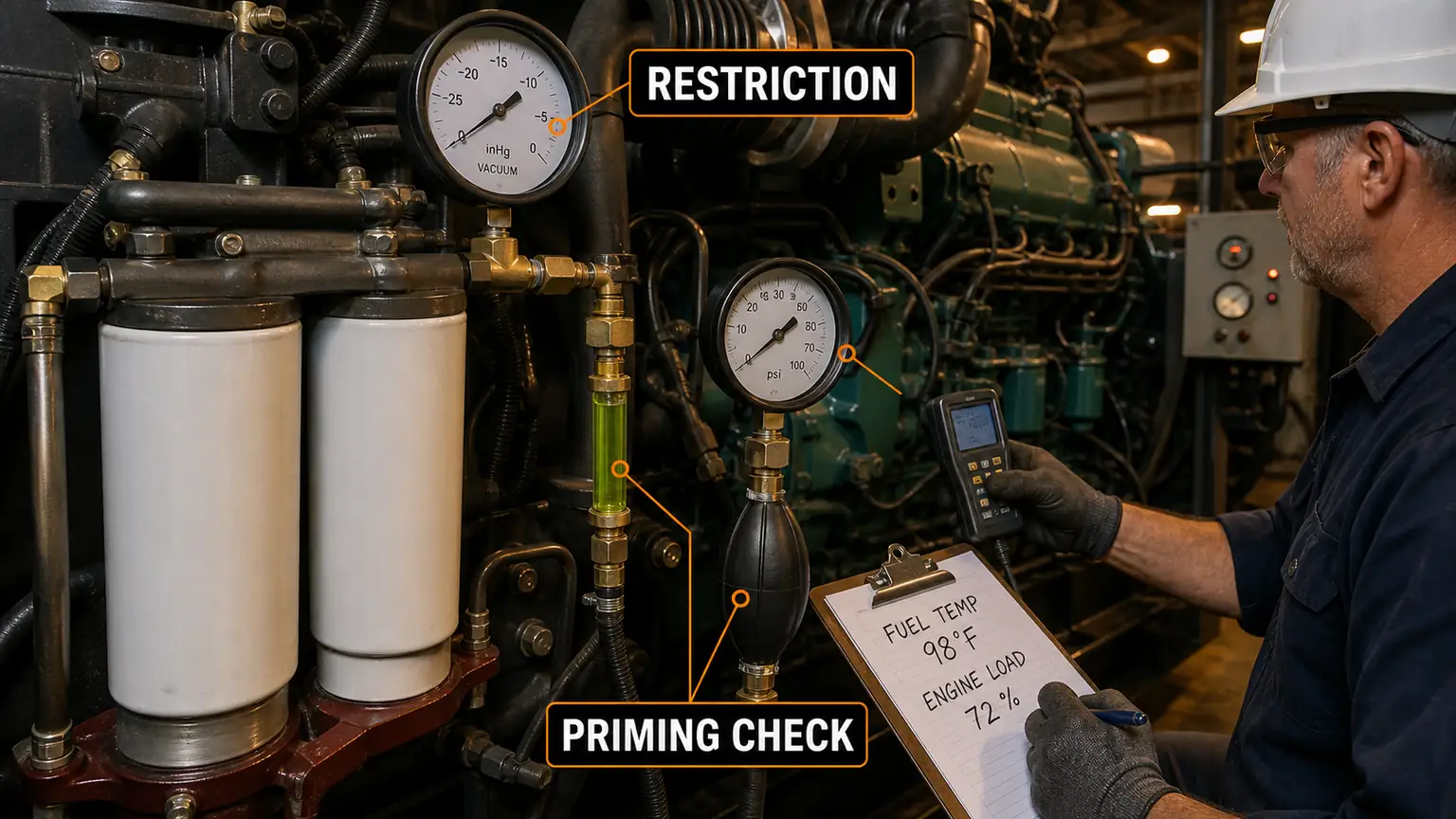 Installed dual-stage diesel fuel filters under controlled restriction and priming checks