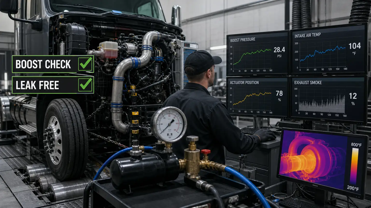 Controlled heavy-truck boost, charge-air leak, actuator, and thermal validation