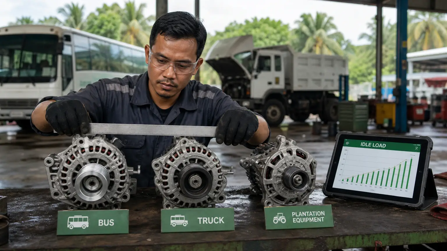Heavy-duty alternator pulley alignment and idle-load comparison for bus, truck, and plantation equipment