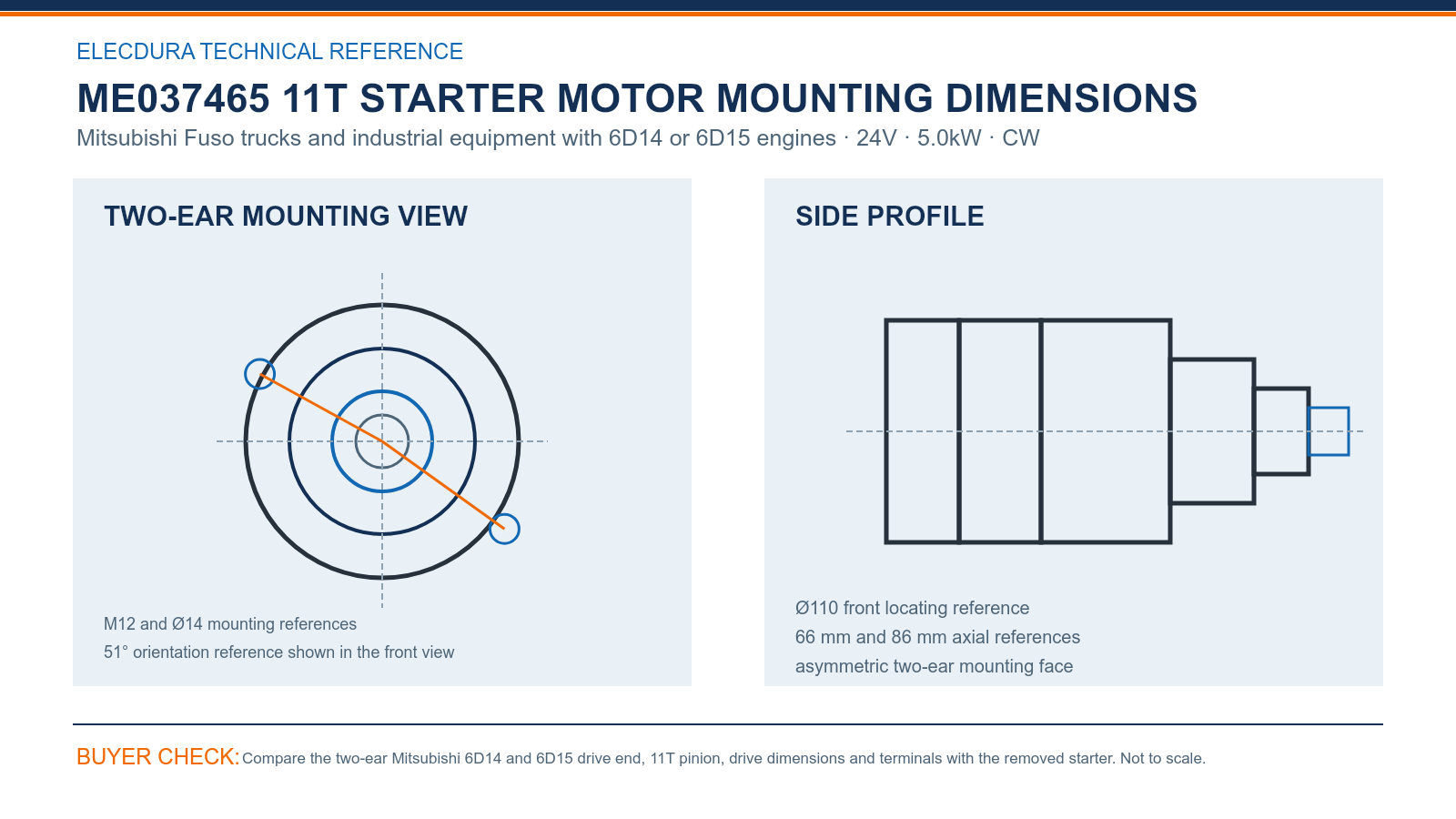 ME037465 Mitsubishi 6D14 24V 5.0kW 11T starter mounting dimensions