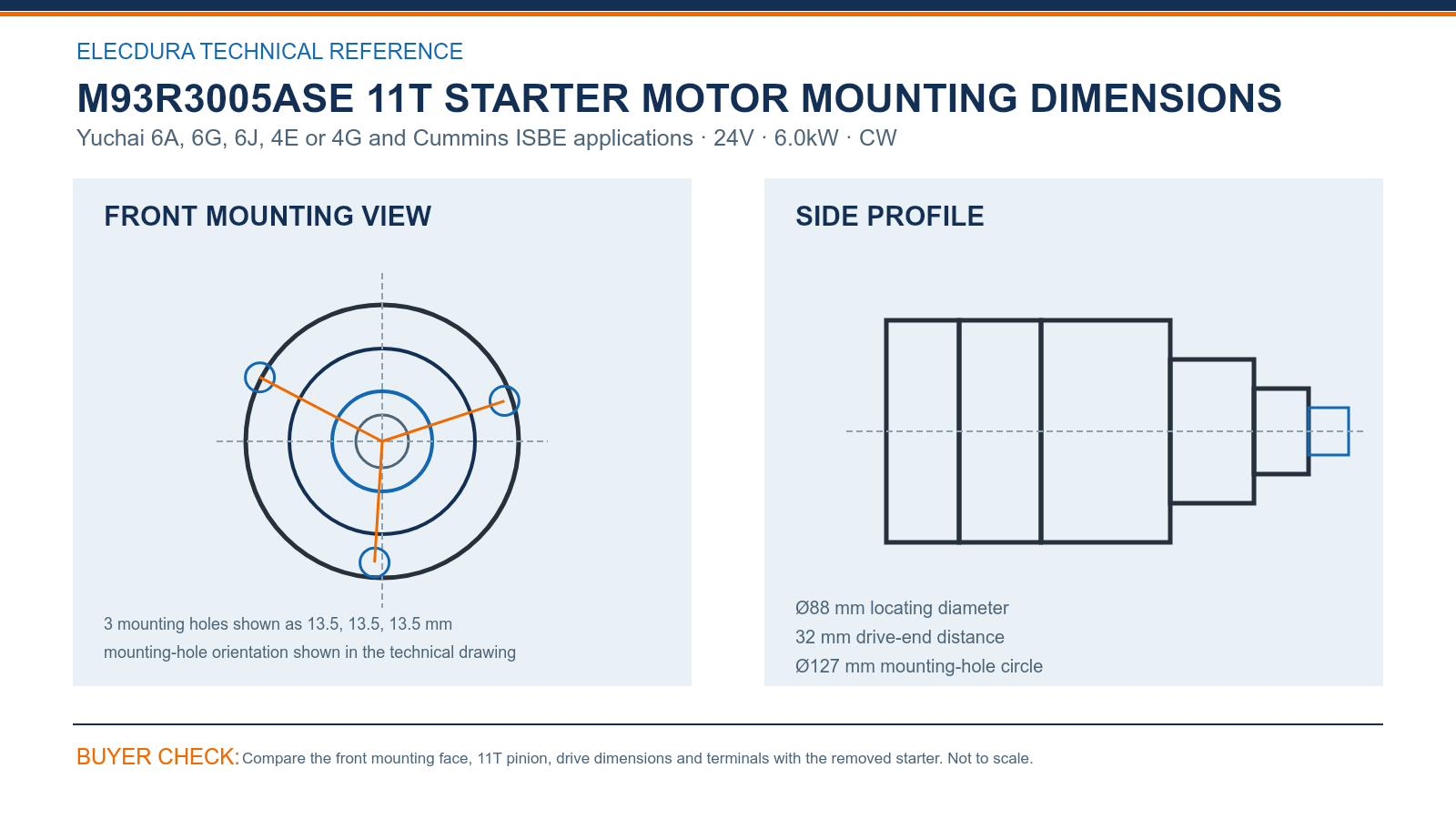 M93R3005ASE Yuchai 6A, 6G, 6J, 4E or 4G and Cummins ISBE 24V 6.0kW 11T starter mounting dimensions
