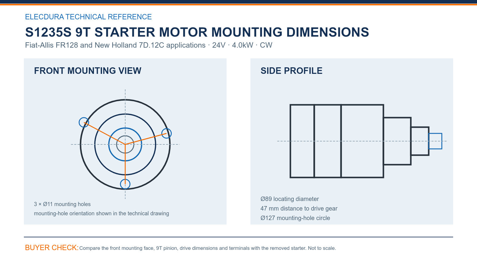 S1235S Fiat-Allis FR128 and New Holland 7D.12C 24V 4.0kW 9T starter mounting dimensions