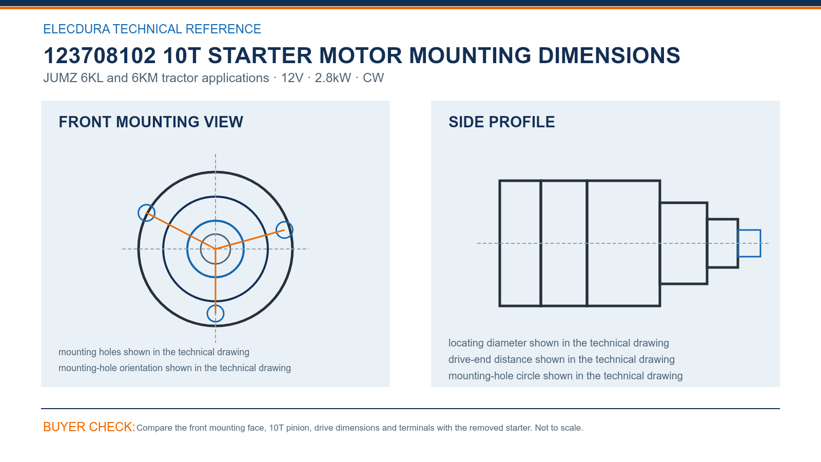 123708102 JUMZ 6KL and 6KM tractor 12V 2.8kW 10T starter mounting dimensions