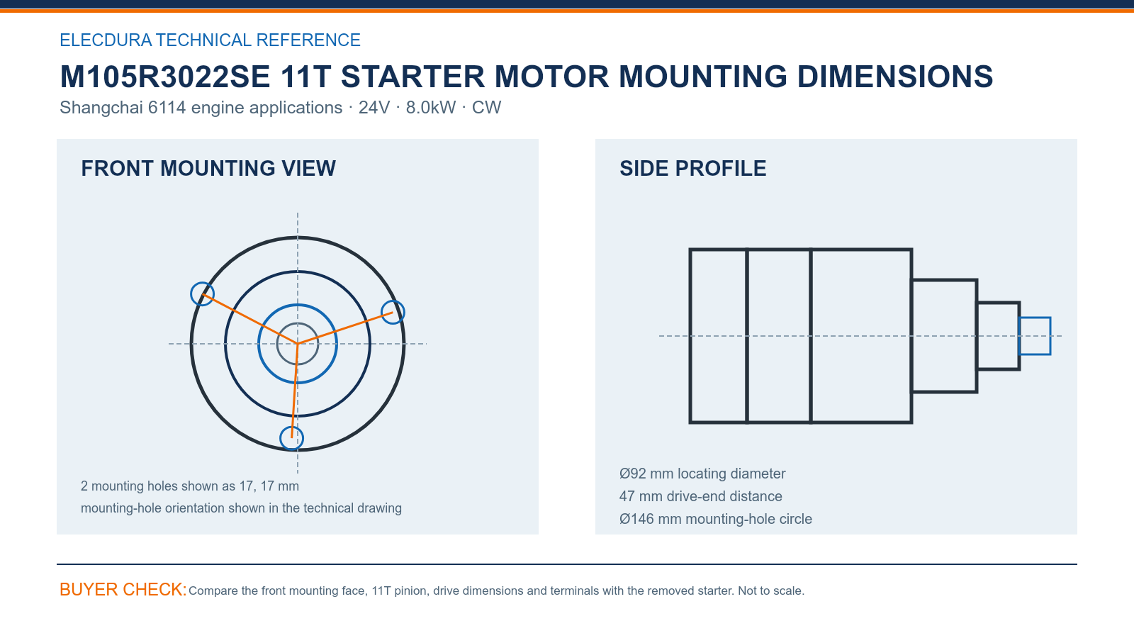 M105R3022SE Shangchai 6114 engine 24V 8.0kW 11T starter mounting dimensions