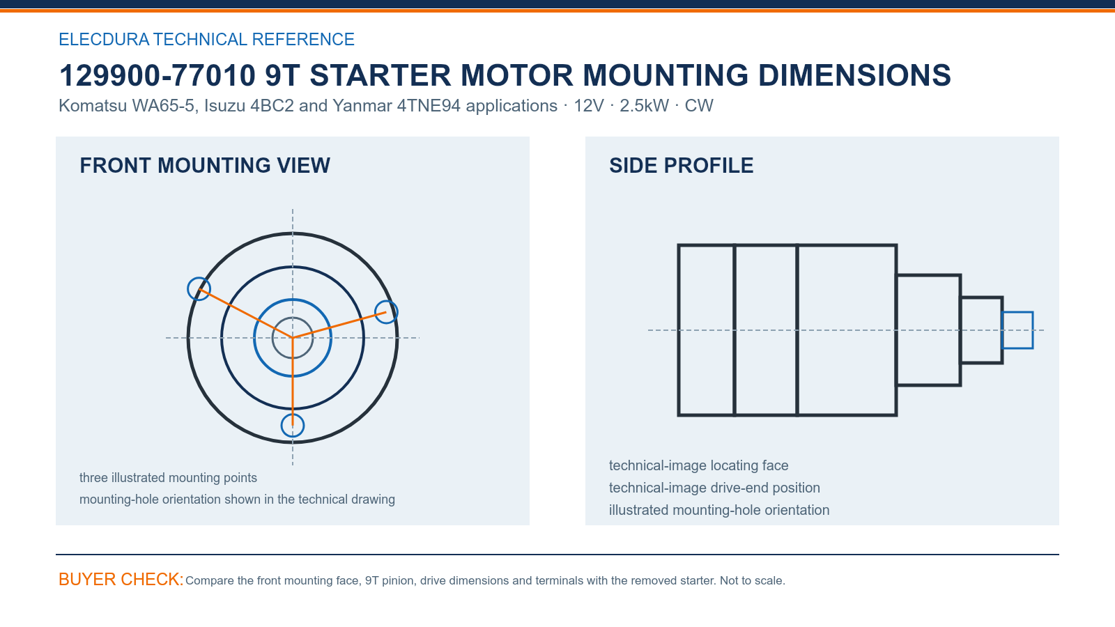129900-77010 Komatsu WA65-5, Isuzu 4BC2 and Yanmar 4TNE94 12V 2.5kW 9T starter mounting dimensions