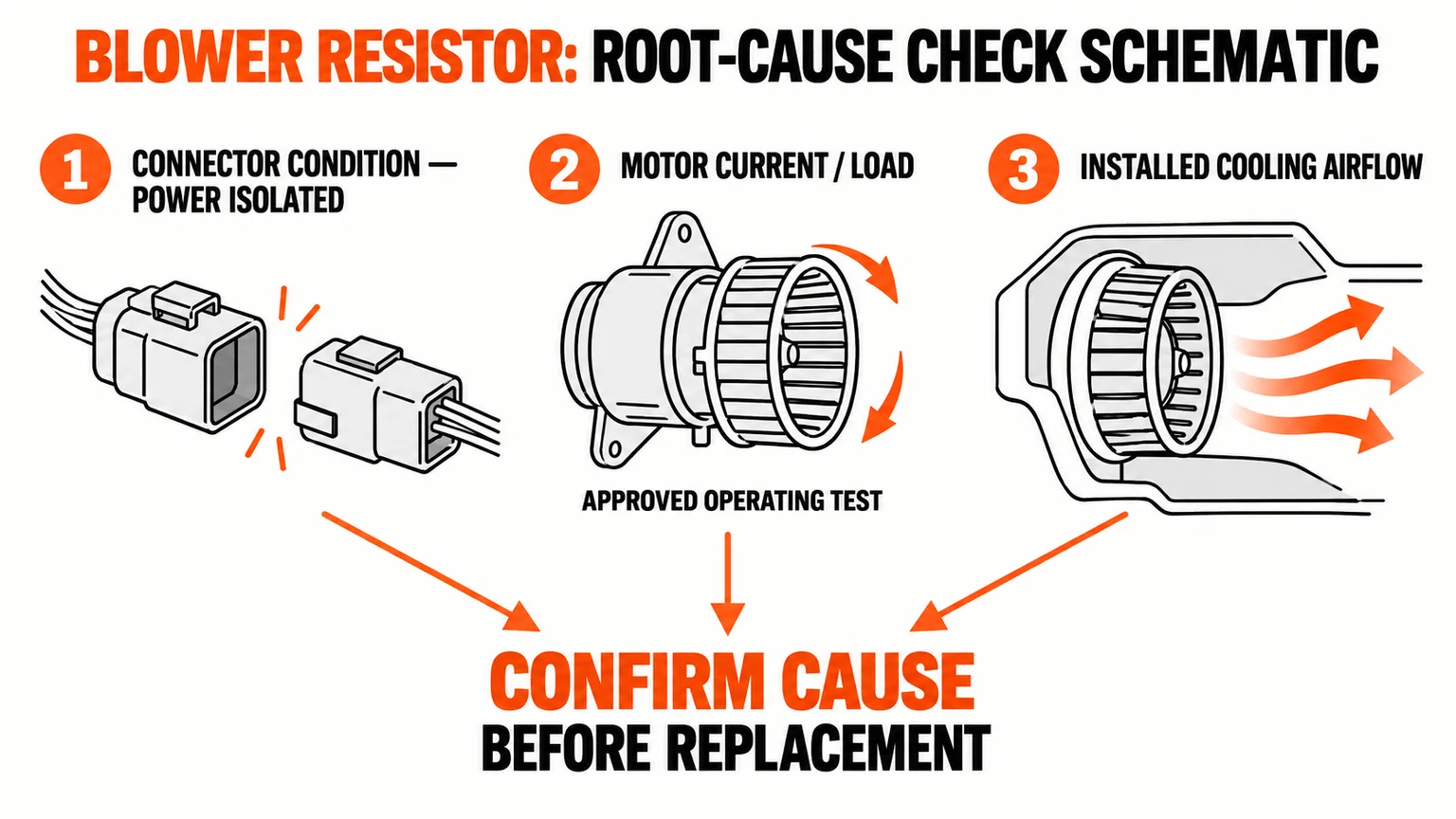 Conceptual checks of connector condition, blower motor current and installed cooling airflow before resistor replacement.