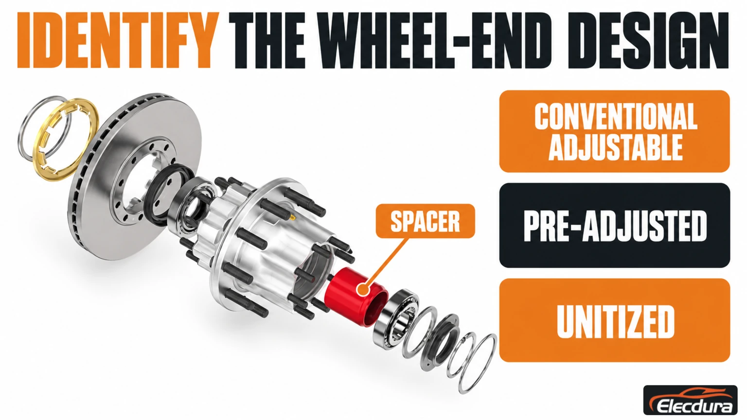 Pre-adjusted hub exploded reference identifying its spacer beside three wheel-end design categories.