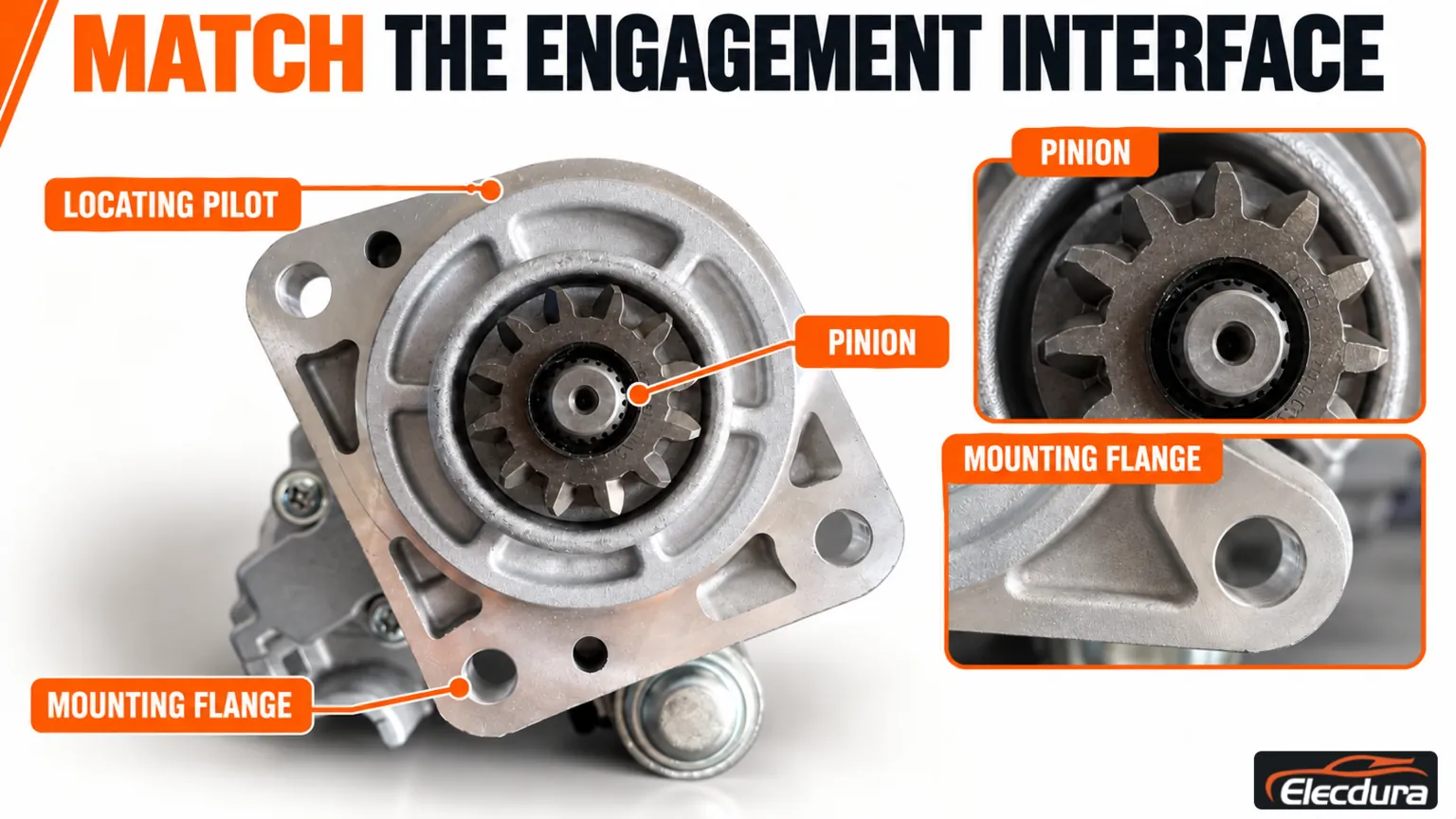 Starter drive-end reference identifying the pinion, locating pilot and mounting flange.