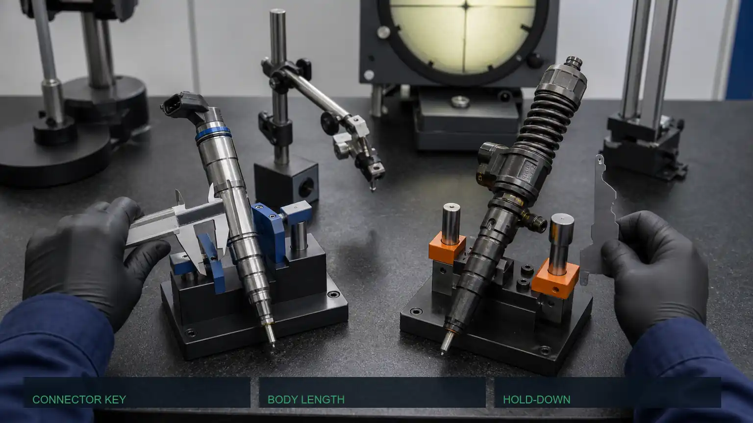Metrology comparison of a common-rail injector and a unit injector using calipers and interface gauges.
