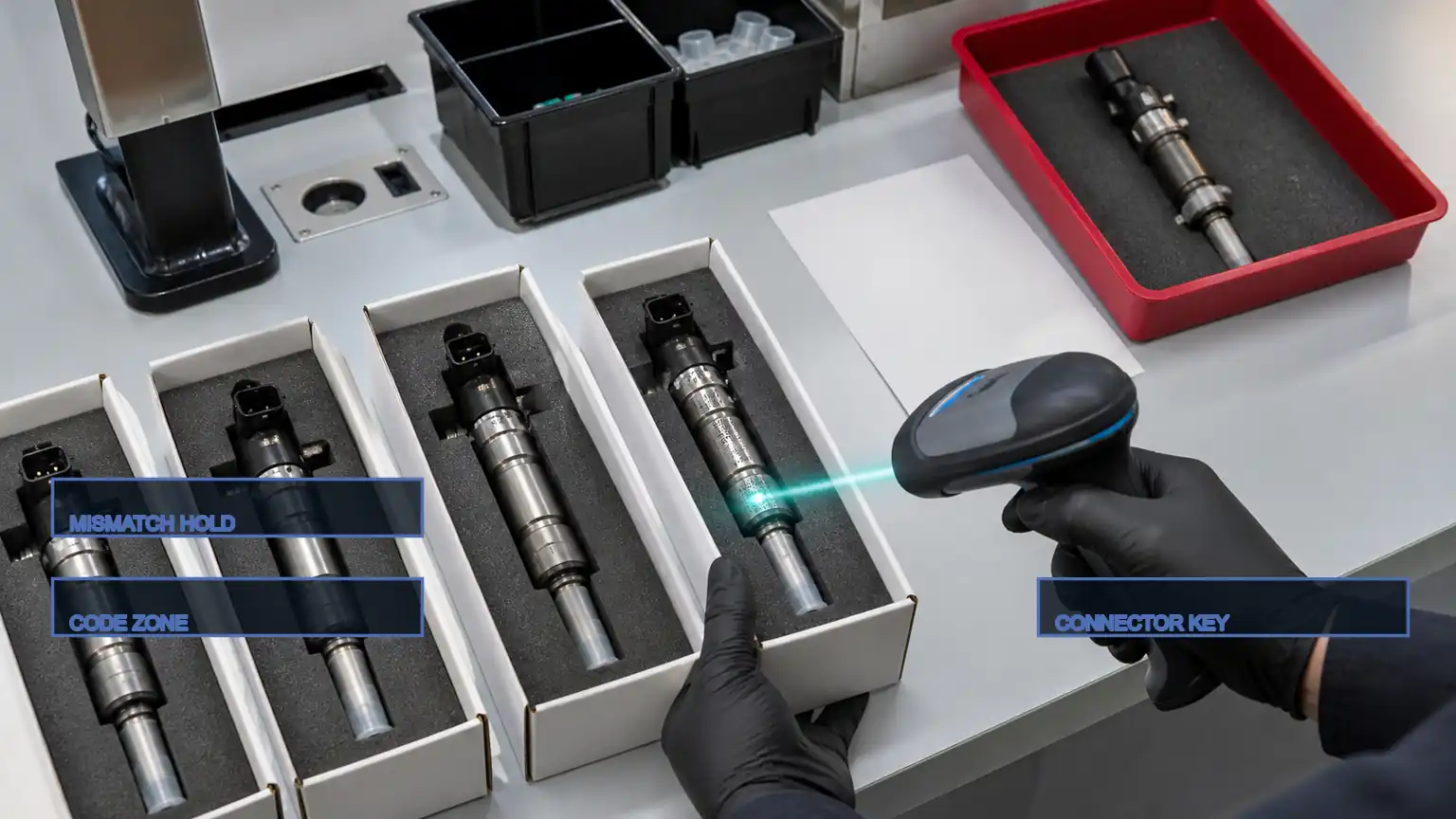 Replacement diesel injectors undergoing trim-code, connector-key, nozzle-protection, and mismatch checks at receiving.