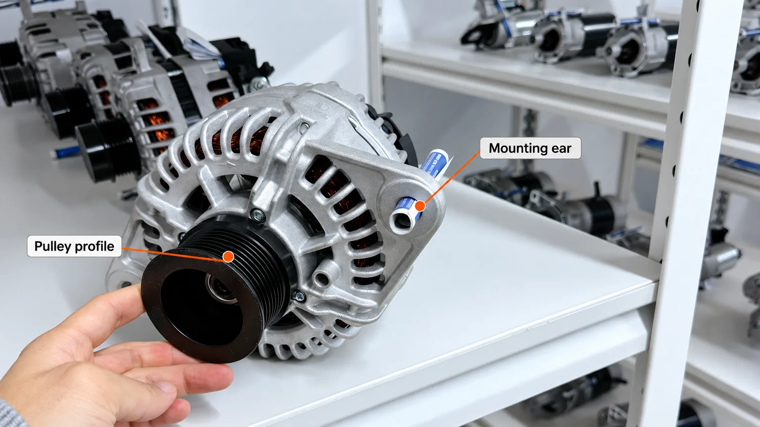 Alternator sample showing its front housing, pulley and mounting ear on a display shelf.