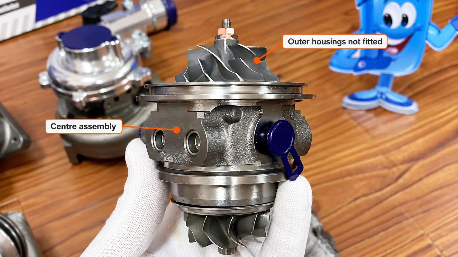 Annotated real photograph of a separate turbocharger centre assembly with exposed wheels, without the outer compressor and turbine housings