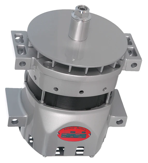Pad-mounted alternator photographed with its shaft side and rear housing visible