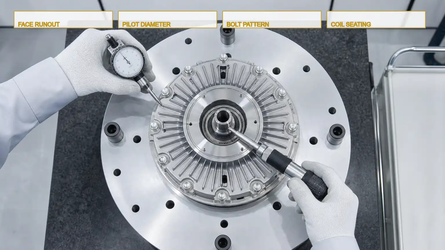 Top-down metrology inspection of a heavy-duty fan clutch mounting face, pilot, bolt pattern, bearing, and bimetal coil.