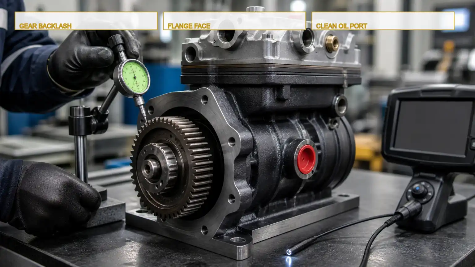 Macro incoming inspection of an air brake compressor drive gear, mounting flange, oil feed, and coolant ports.