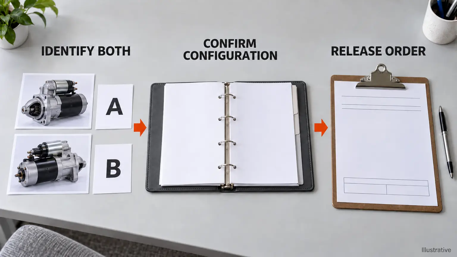 Photographic workflow from two starter identity records to a configuration folder and an unsigned purchase order.