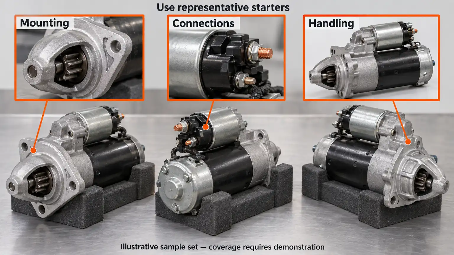 Generic disconnected starter samples showing mounting, connection and handling differences to include in a test-equipment demonstration