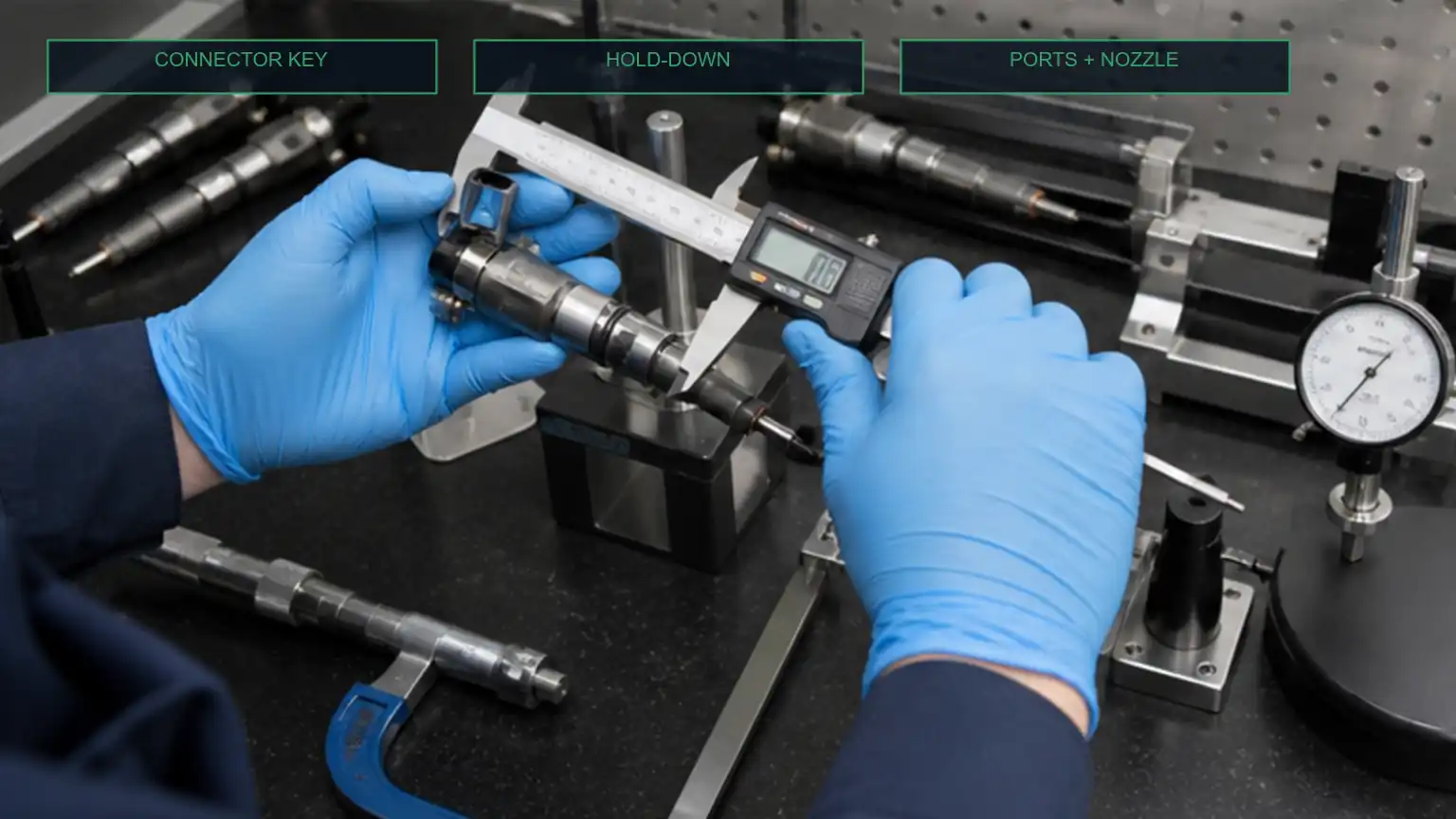 Fuel injector connector, hold-down, fuel ports, nozzle, and body length compared with precision gauges.