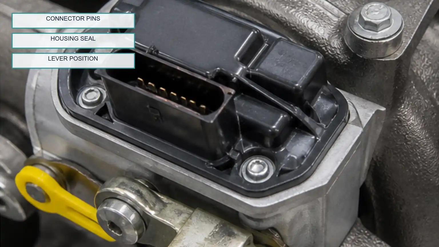 Turbo actuator connector pins, housing seal, mounting bolts, and lever position inspected without disassembly.