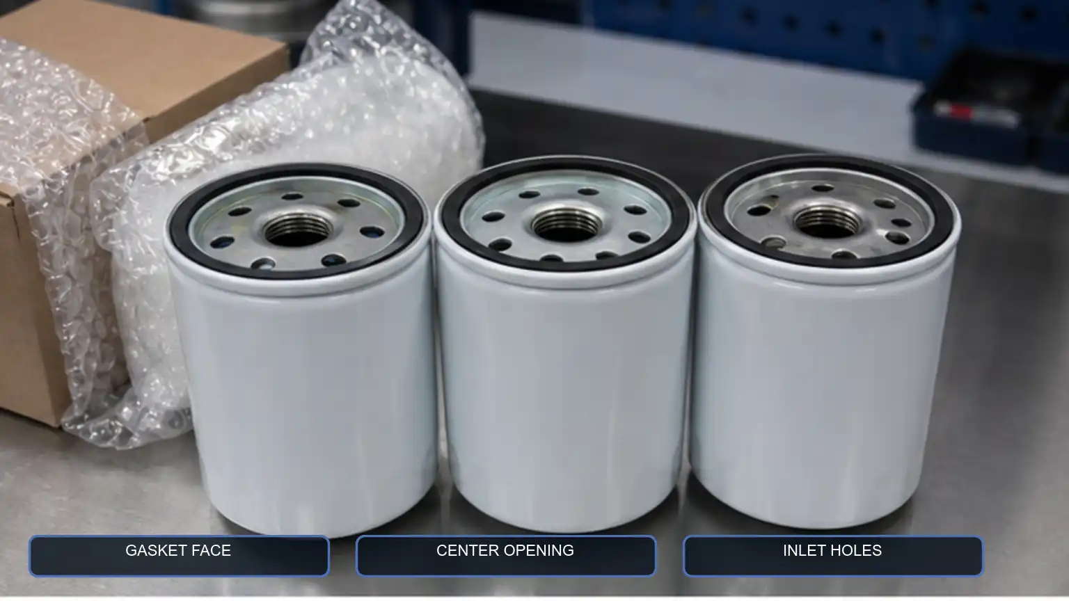 Three spin-on diesel fuel filters positioned for receiving inspection of gasket face, center opening, and inlet-hole pattern.