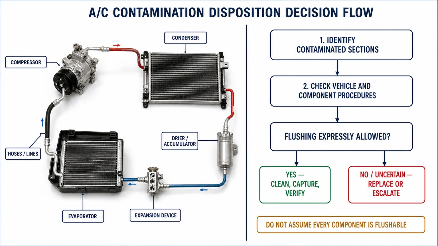 Vehicle A/C refrigerant-circuit map assigning replace, bypass, approved flush or inspect-and-retain decisions to each component