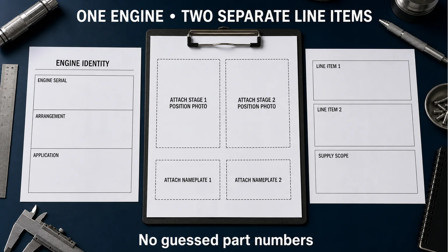 Pacchetto di identificazione turbo C15 ACERT che organizza l'identit&agrave; del motore, le foto della fase di installazione, le targhette e le prove di connessione
