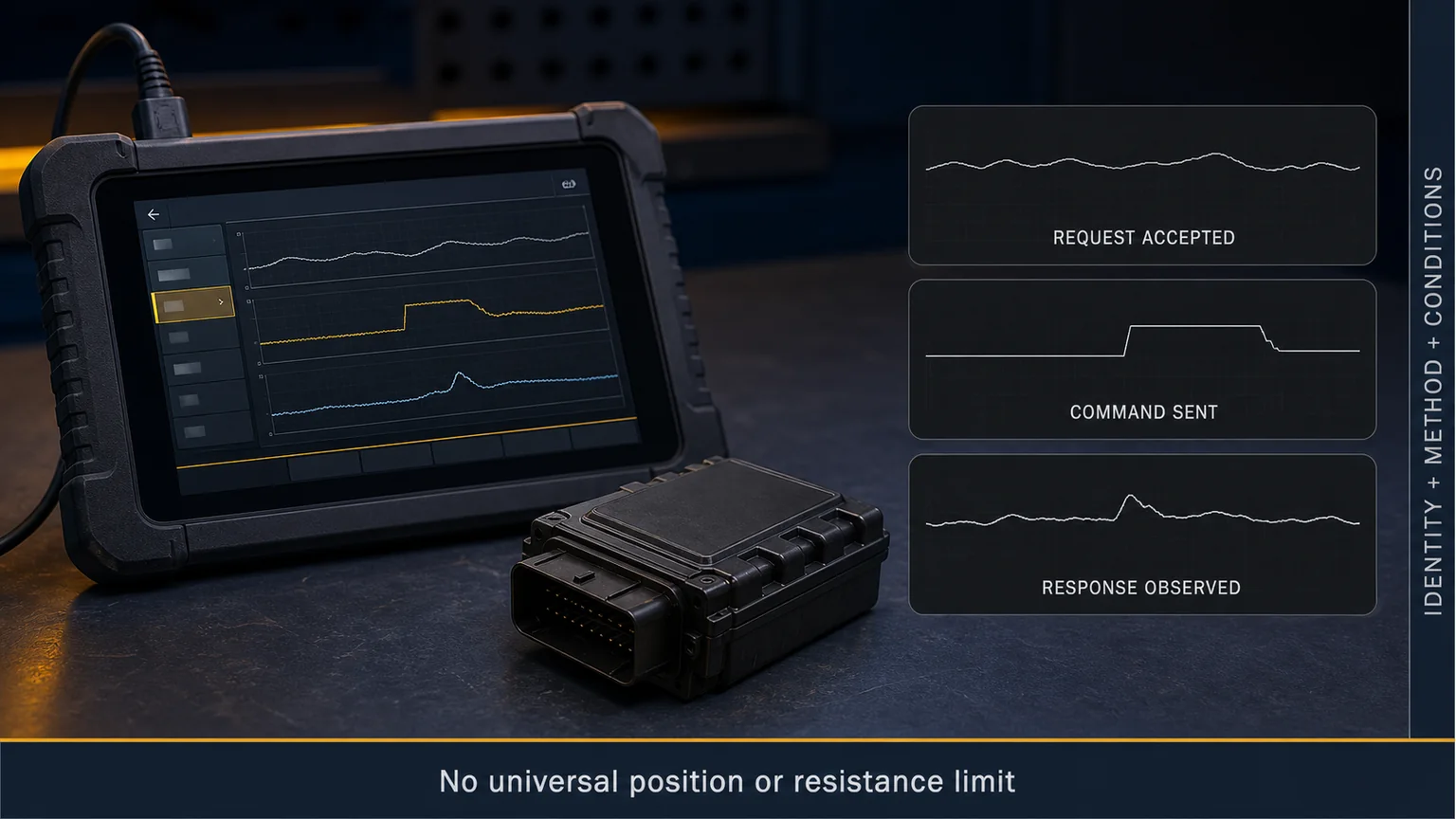 Diagnostic review concept comparing a VGT braking request with actuator command and observed response without invented values