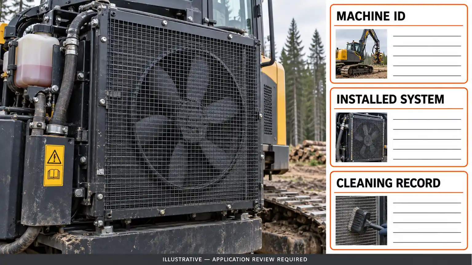 Illustrative forestry cooling-system review with separate machine identity, installed-system and cleaning-record panels.