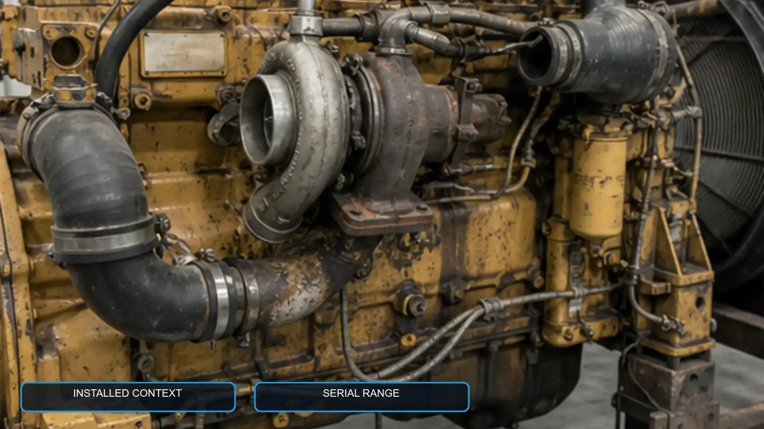 CAT 3406E-style heavy-duty diesel engine with the installed turbocharger, piping, oil lines, and mounting context visible.