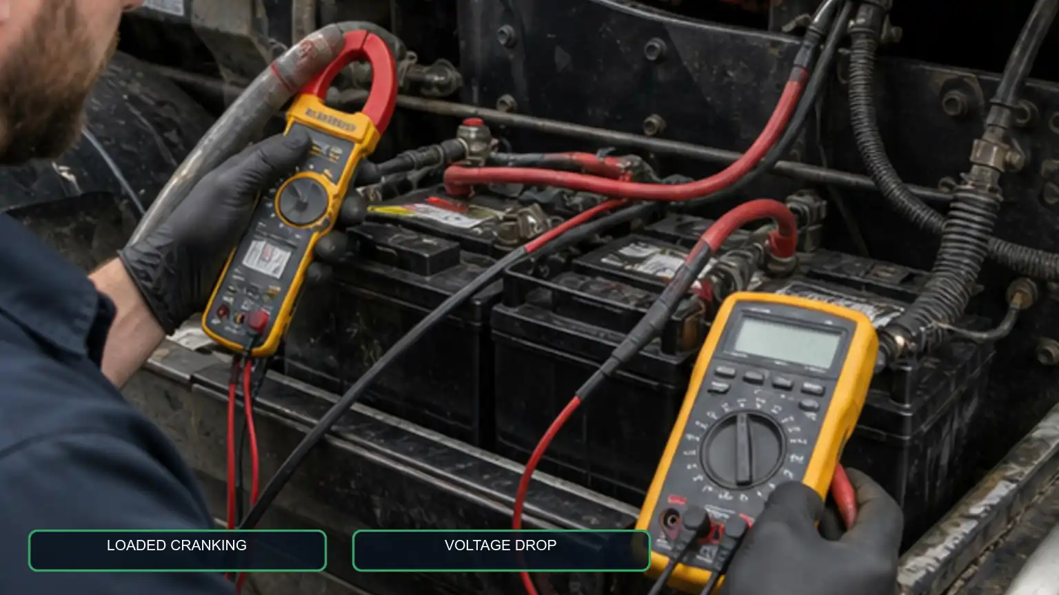 Technician using a clamp meter and multimeter on a heavy-truck battery bank during a controlled cranking test.