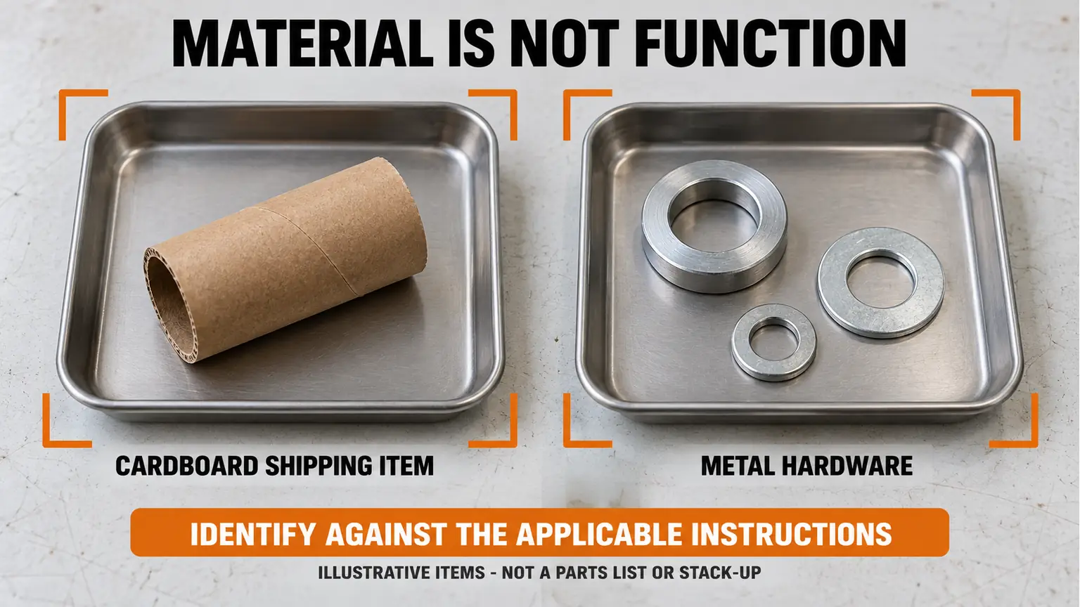 Illustrative cardboard tube and metal rings in separate trays for identification against the applicable instructions.