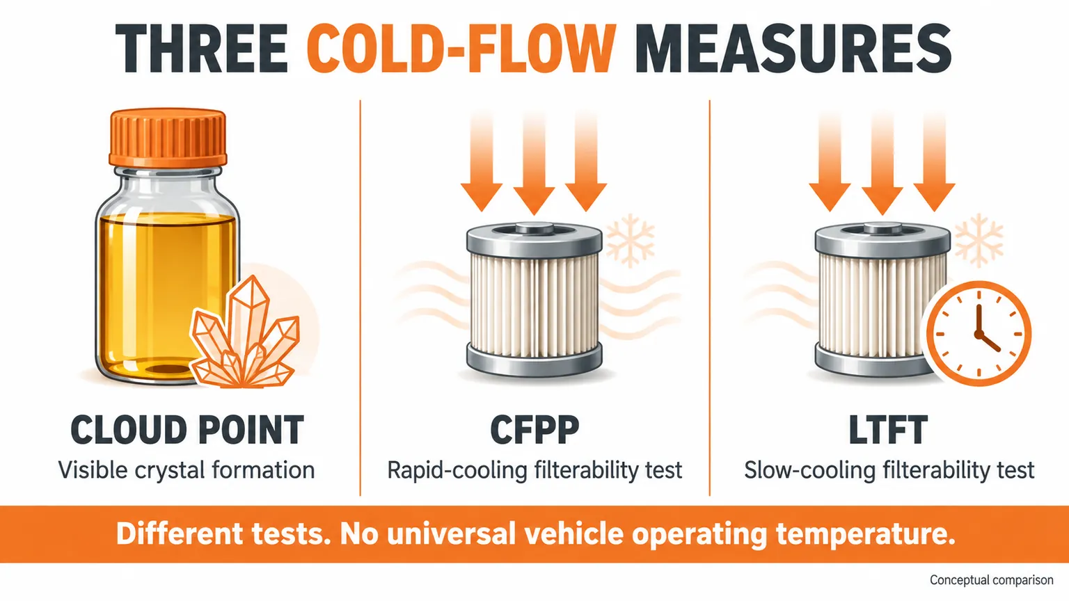 Conceptual comparison of cloud point, CFPP and LTFT; none is a universal vehicle operating temperature.