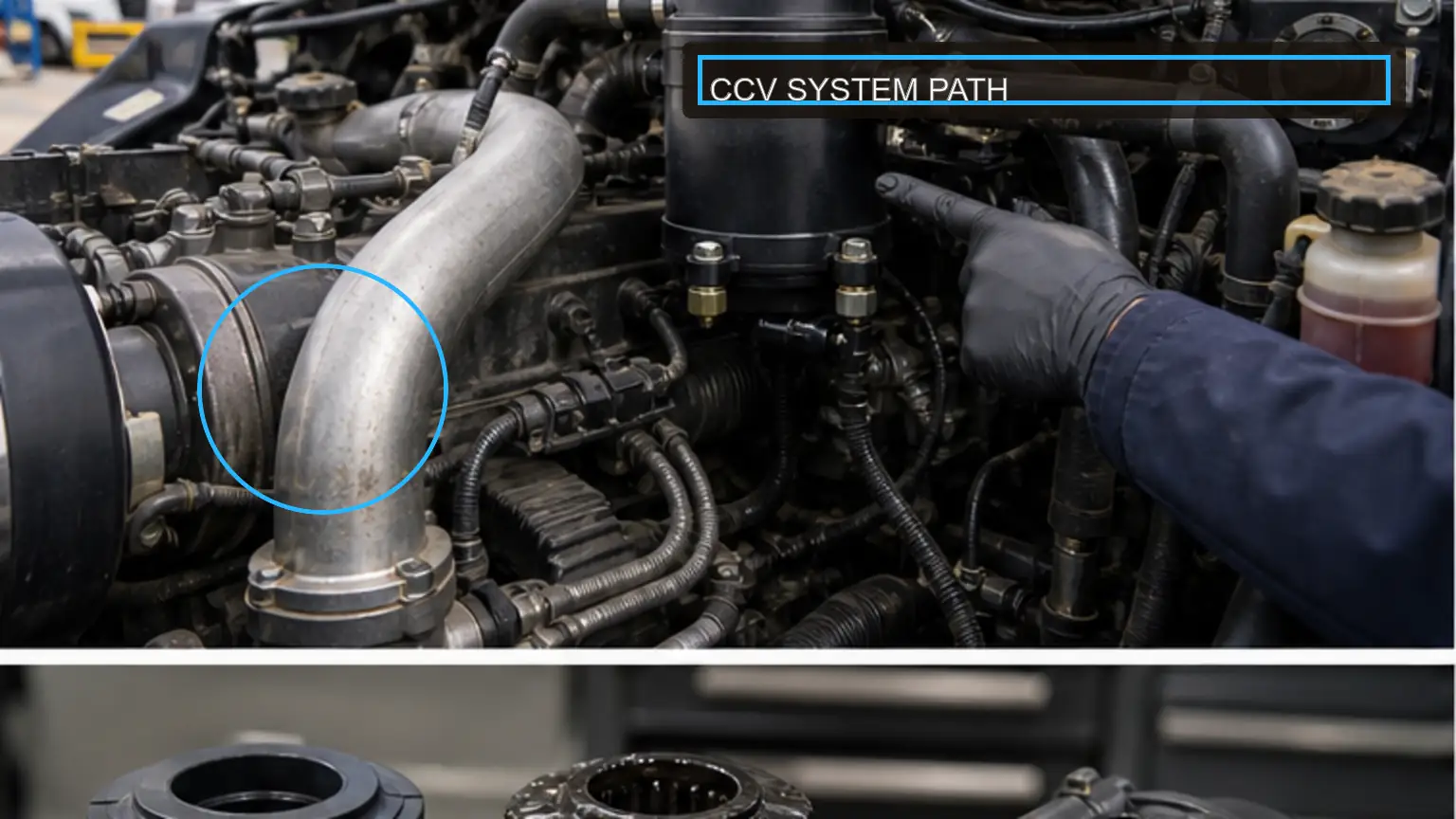 Crankcase ventilation filter system layout with the principal test points identified on a heavy-duty diesel application