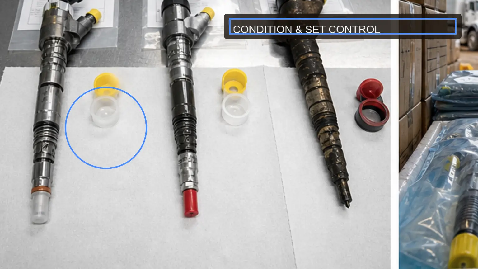 Incoming heavy-duty fuel injector lot inspected for identity, protection, and batch traceability for Colombia