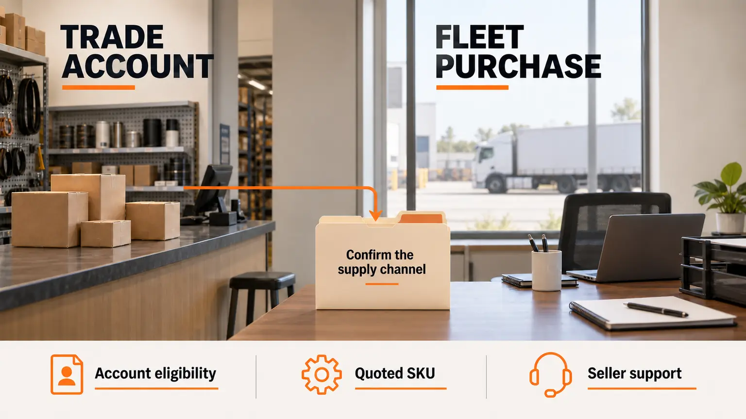 Illustrative trade parts counter and fleet office highlight account eligibility, quoted SKU and seller support.
