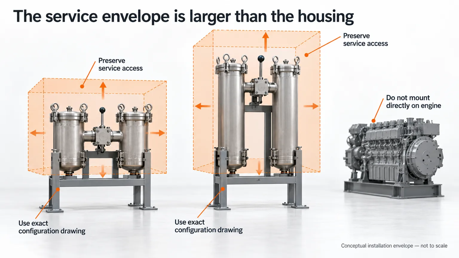 Conceptual short and tall duplex filter layouts with highlighted service-access envelopes and separate support mounting.