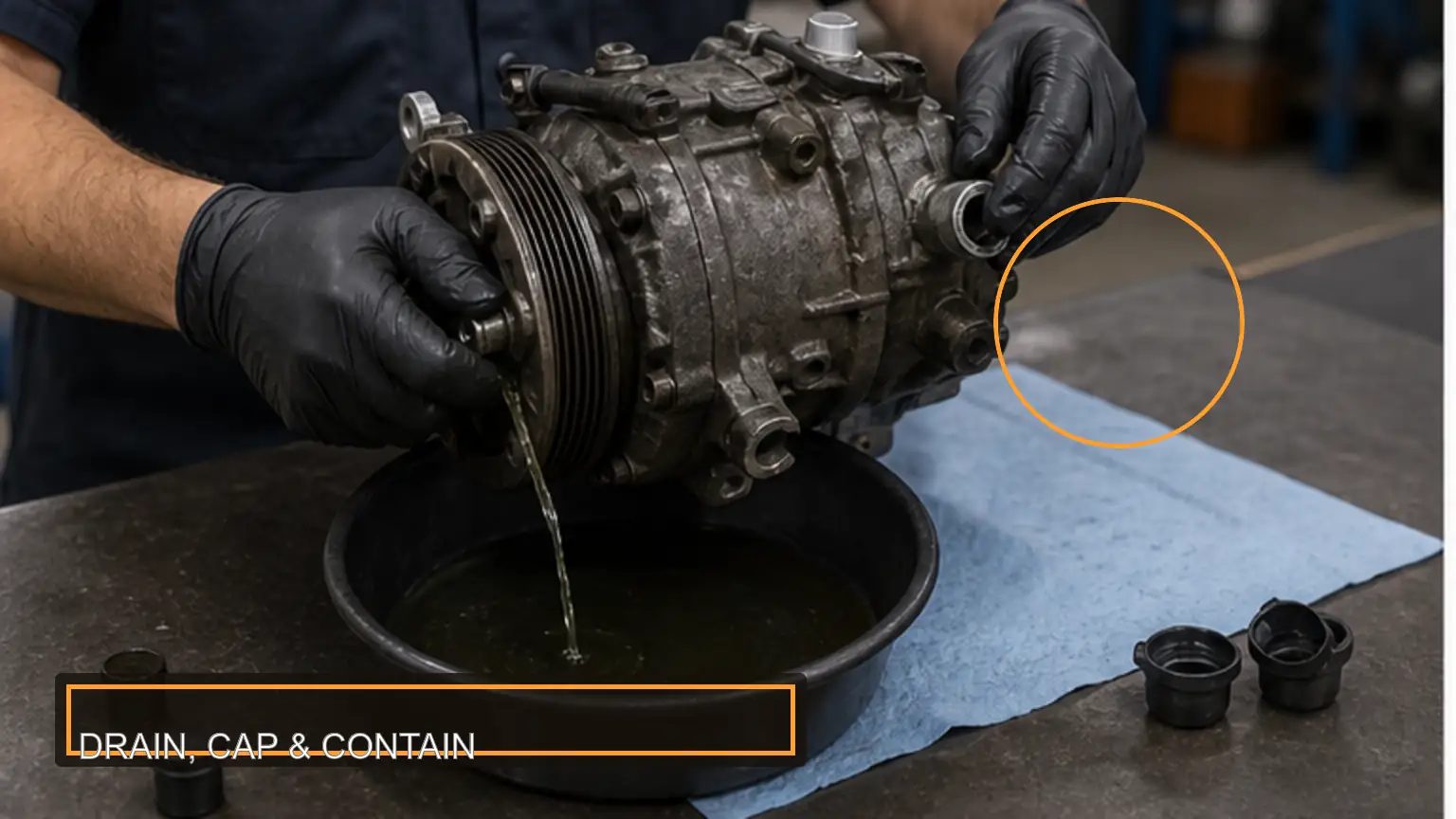 Technician draining and capping a returned heavy-duty compressor before shipment