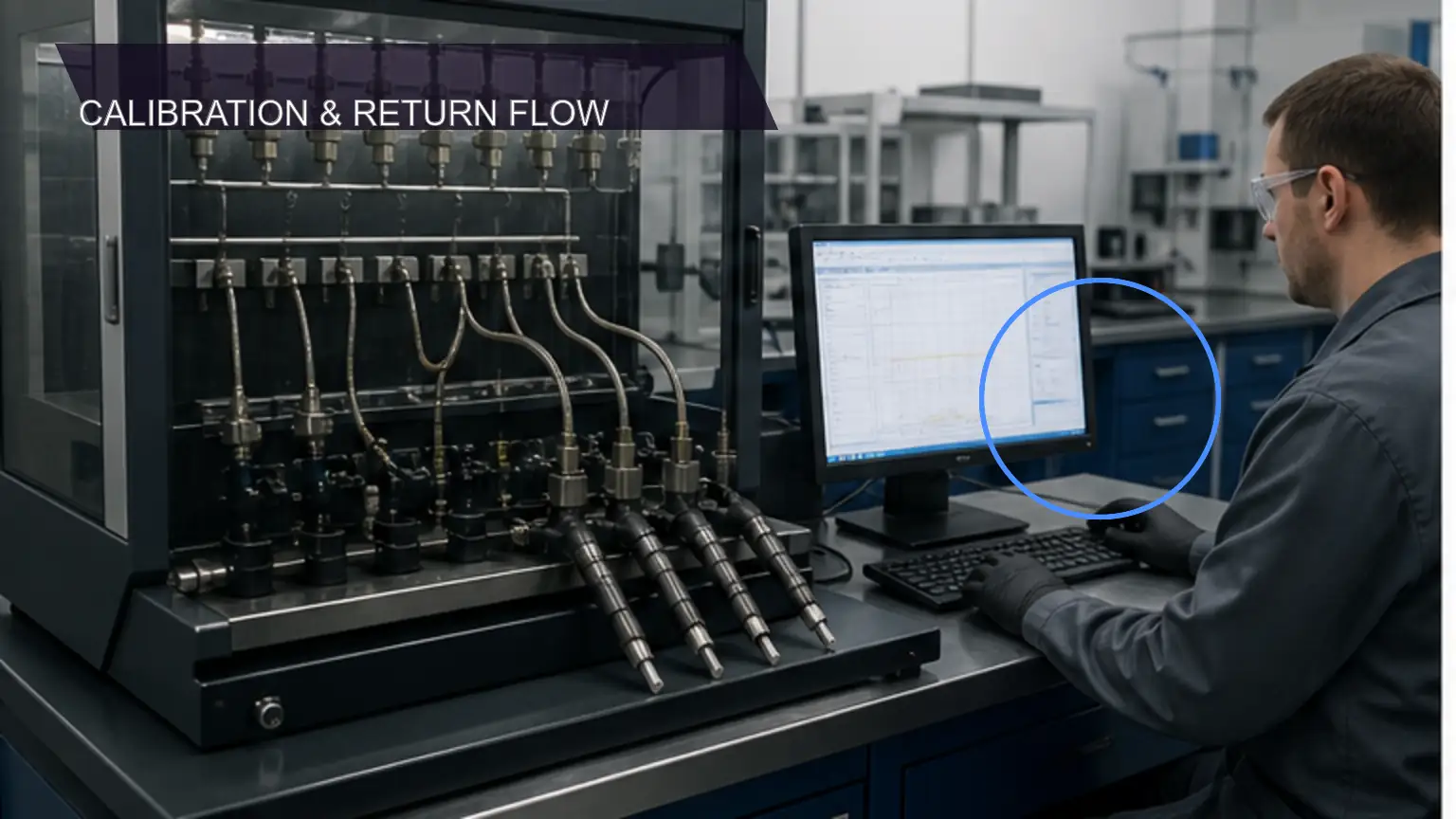 Heavy-duty diesel fuel injectors undergoing calibration and return-flow testing