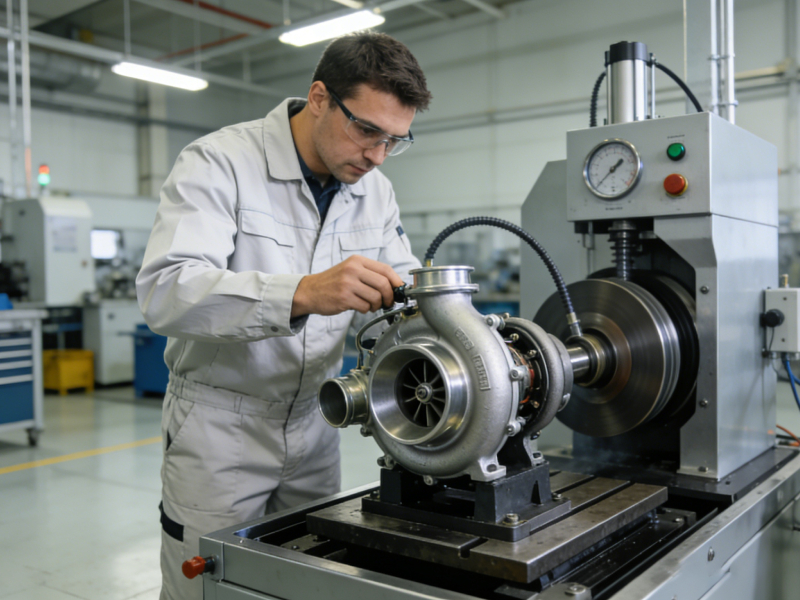Technician inspecting turbocharger on factory testing bench