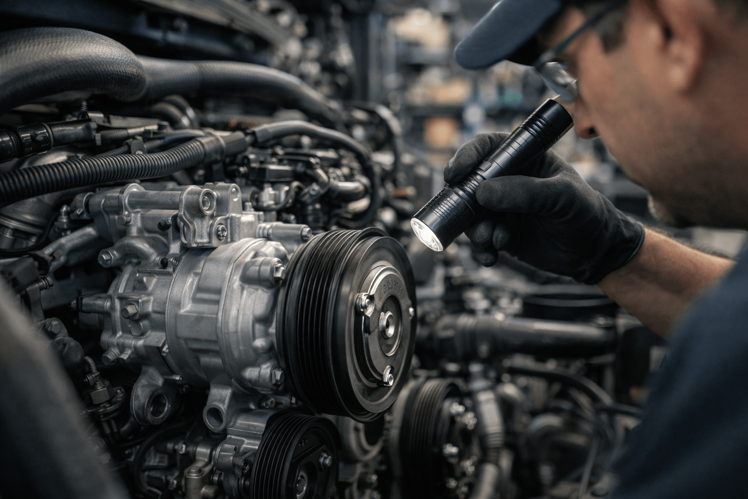 Technician inspecting heavy-duty truck AC compressor clutch and pulley in engine bay, aftermarket diagnostic service scene