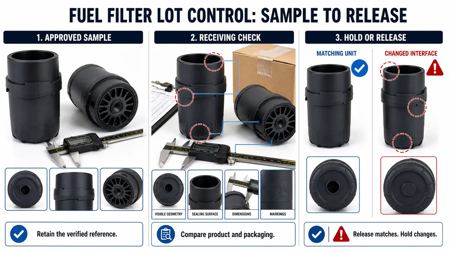 Fuel filter sample-to-release workflow for receiving, dimensional inspection and lot control