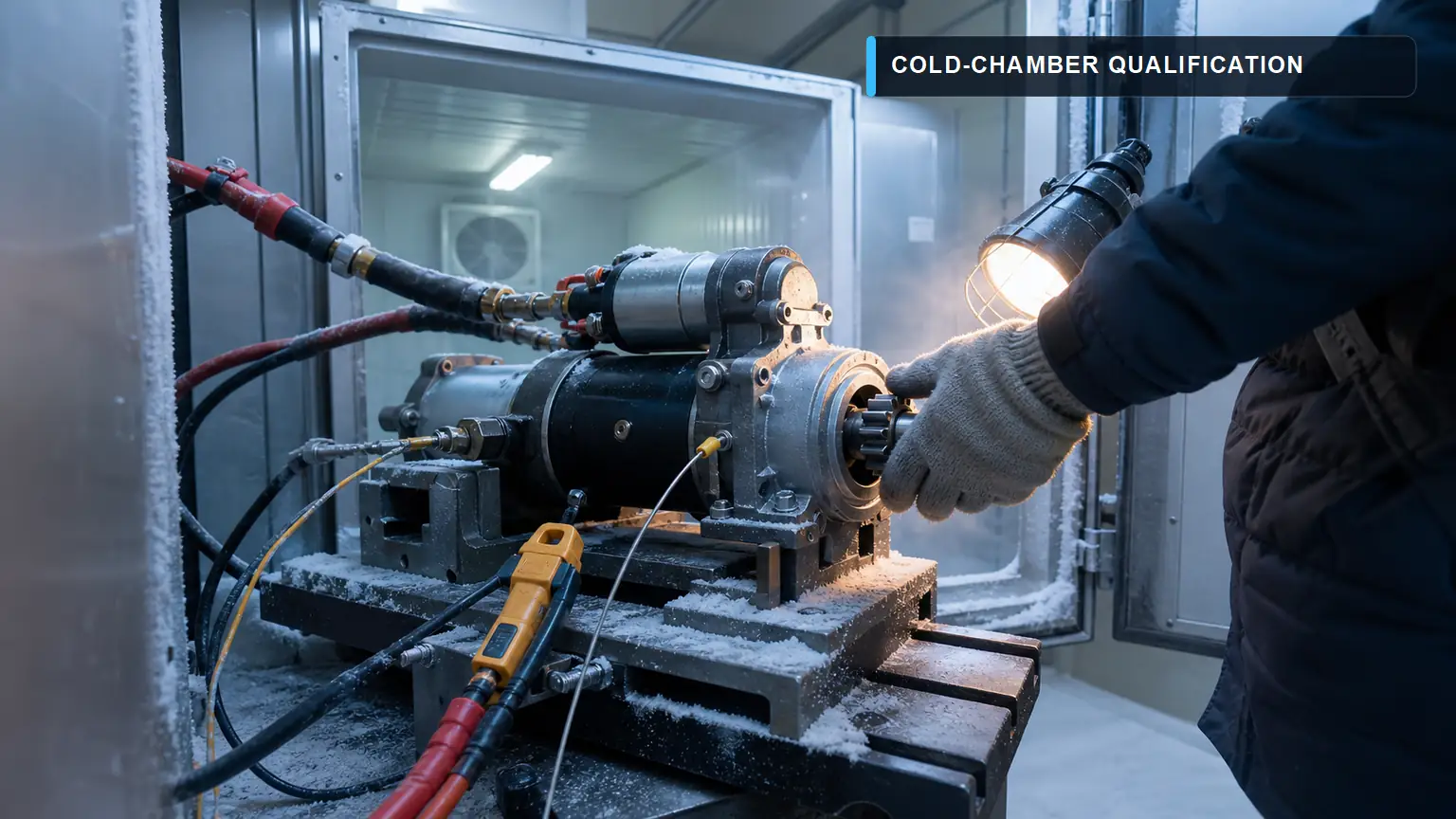 Twenty-four-volt heavy-duty starter motor on a cold-chamber load bench with temperature probe and current clamp