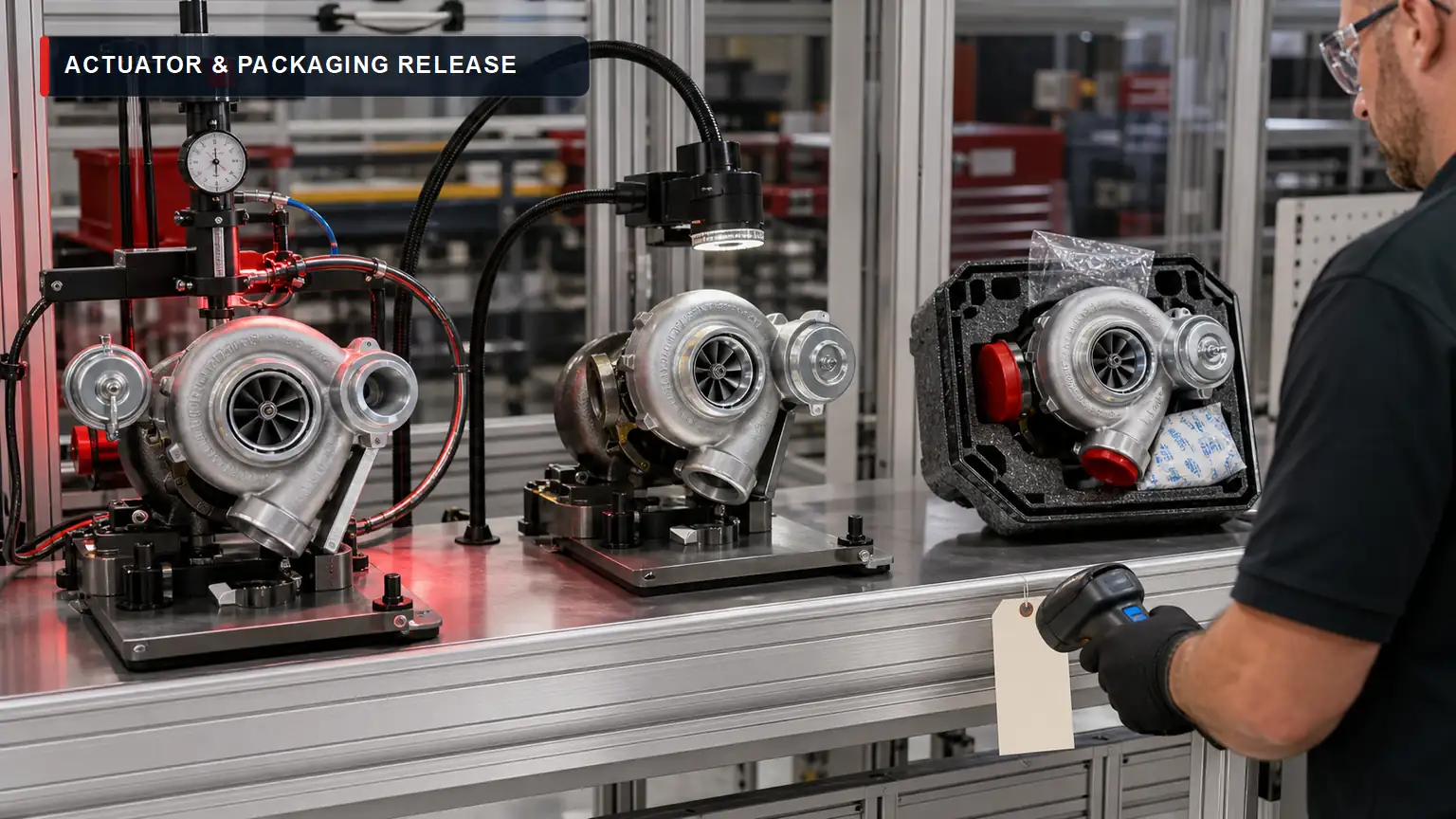 Turbocharger batch-release line with pneumatic actuator calibration, visual inspection and protective packaging