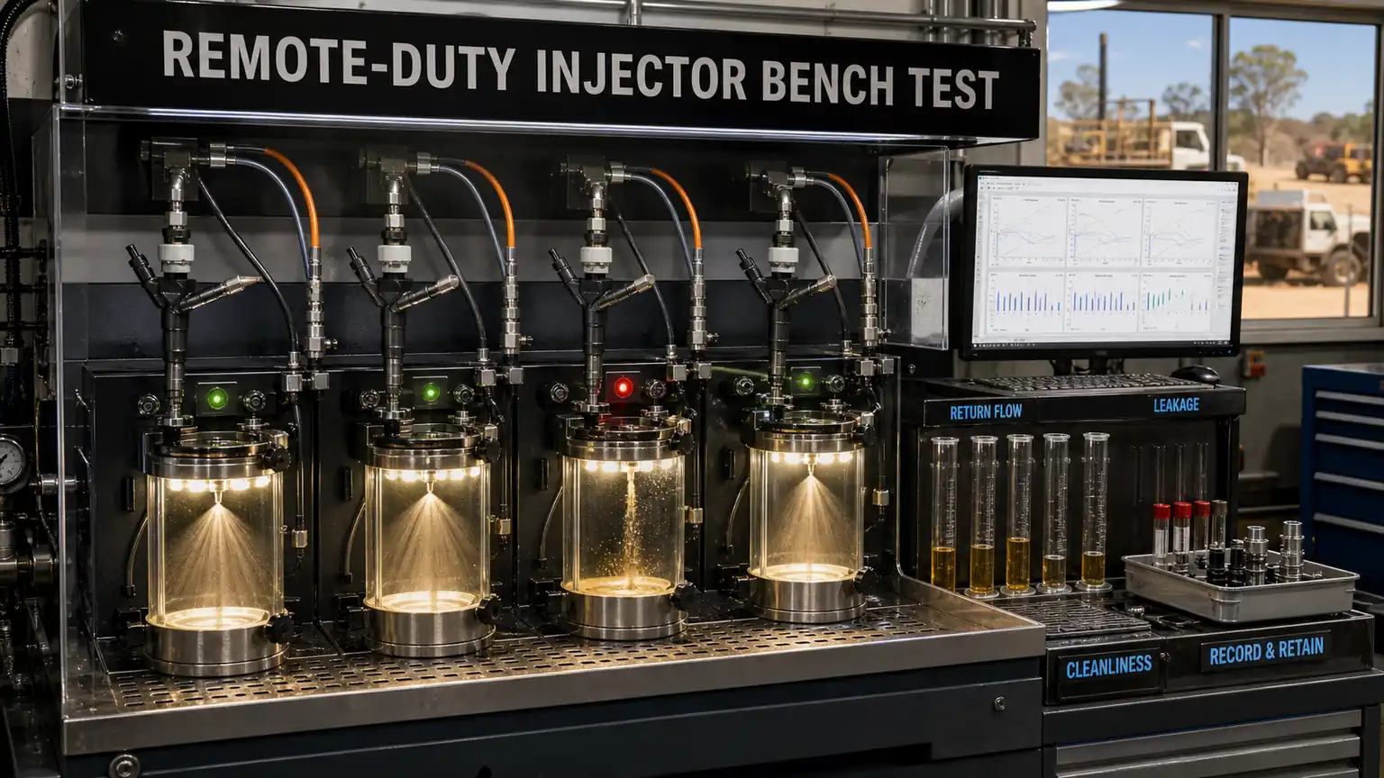 Four-channel remote-duty injector bench test comparing spray pattern, return flow, leakage and cleanliness