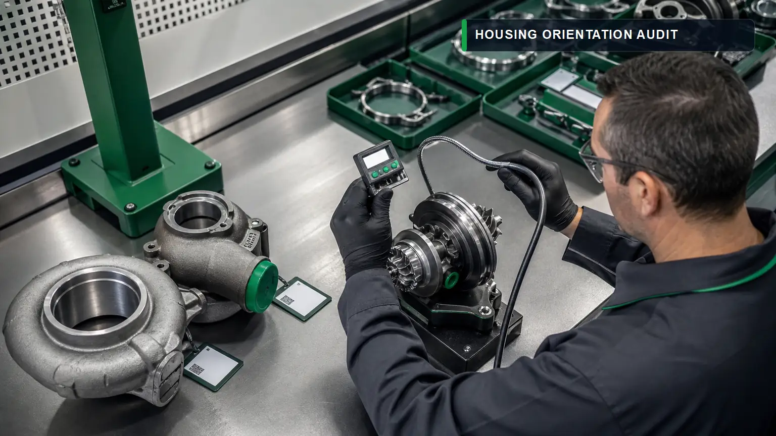 Turbocharger housings and CHRA checked for V-band alignment, oil-drain orientation and protective caps