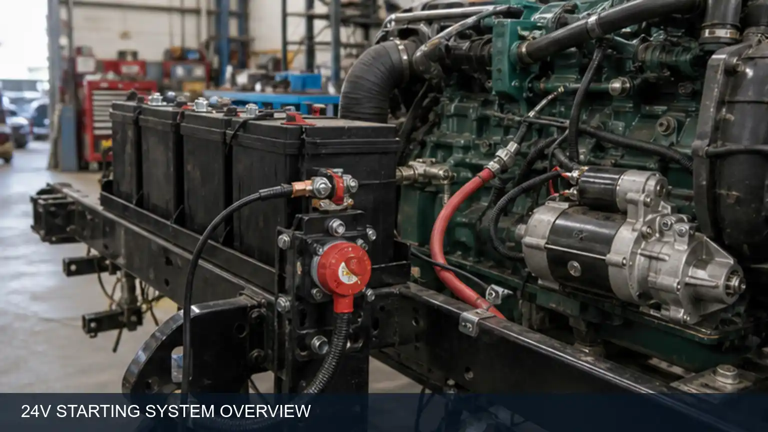 Heavy-duty starter wiring system overview from battery bank and interlocks to relay, solenoid and motor