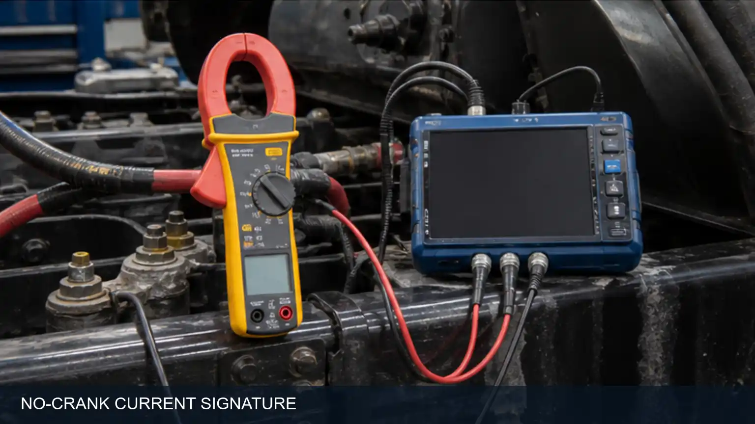 No-crank current-signature test on a heavy-duty starter circuit with clamp meter and voltage readings